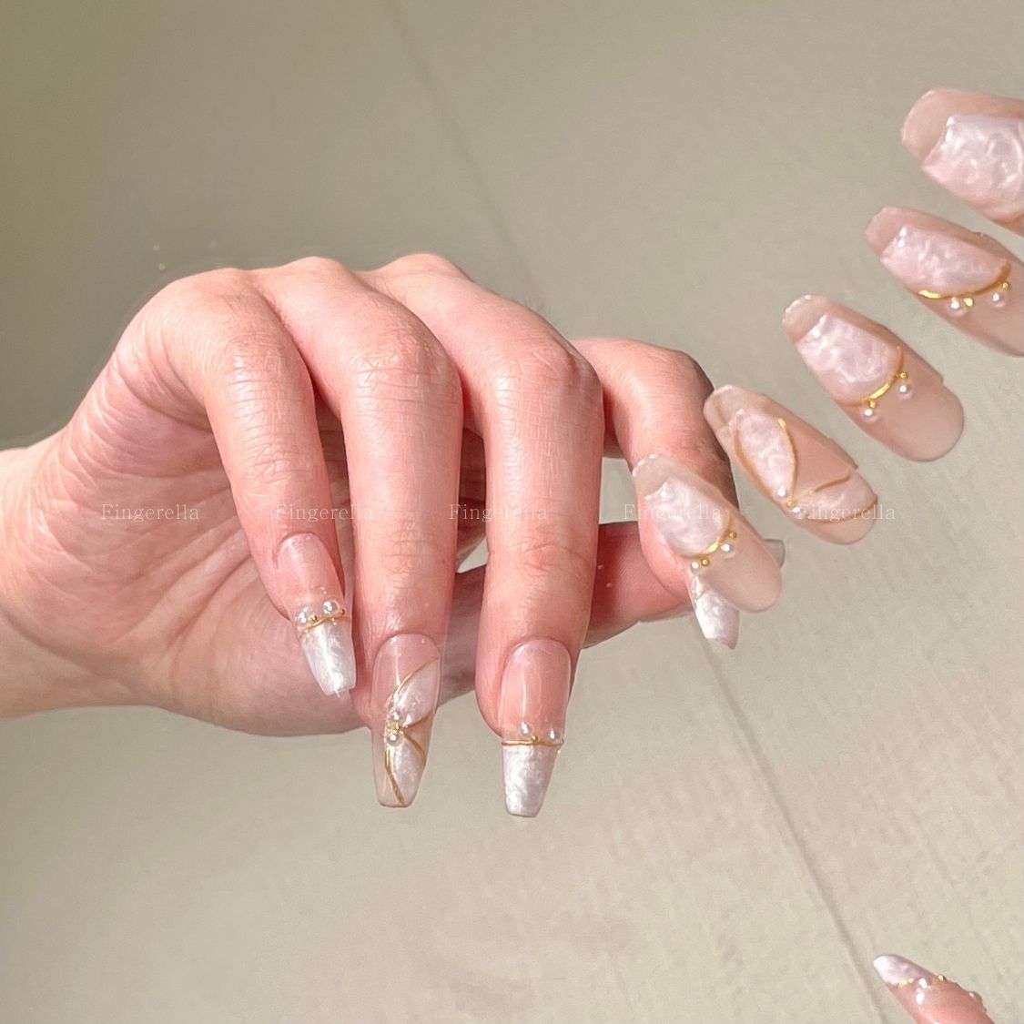 White Ballet Ribbon Texture Gold Liner Pearl Nails Almond