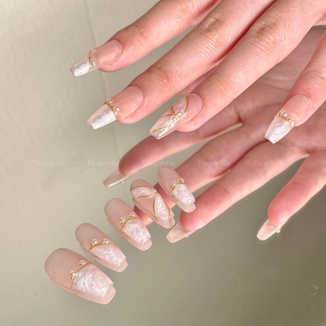 White Ballet Ribbon Texture Gold Liner Pearl Nails Almond