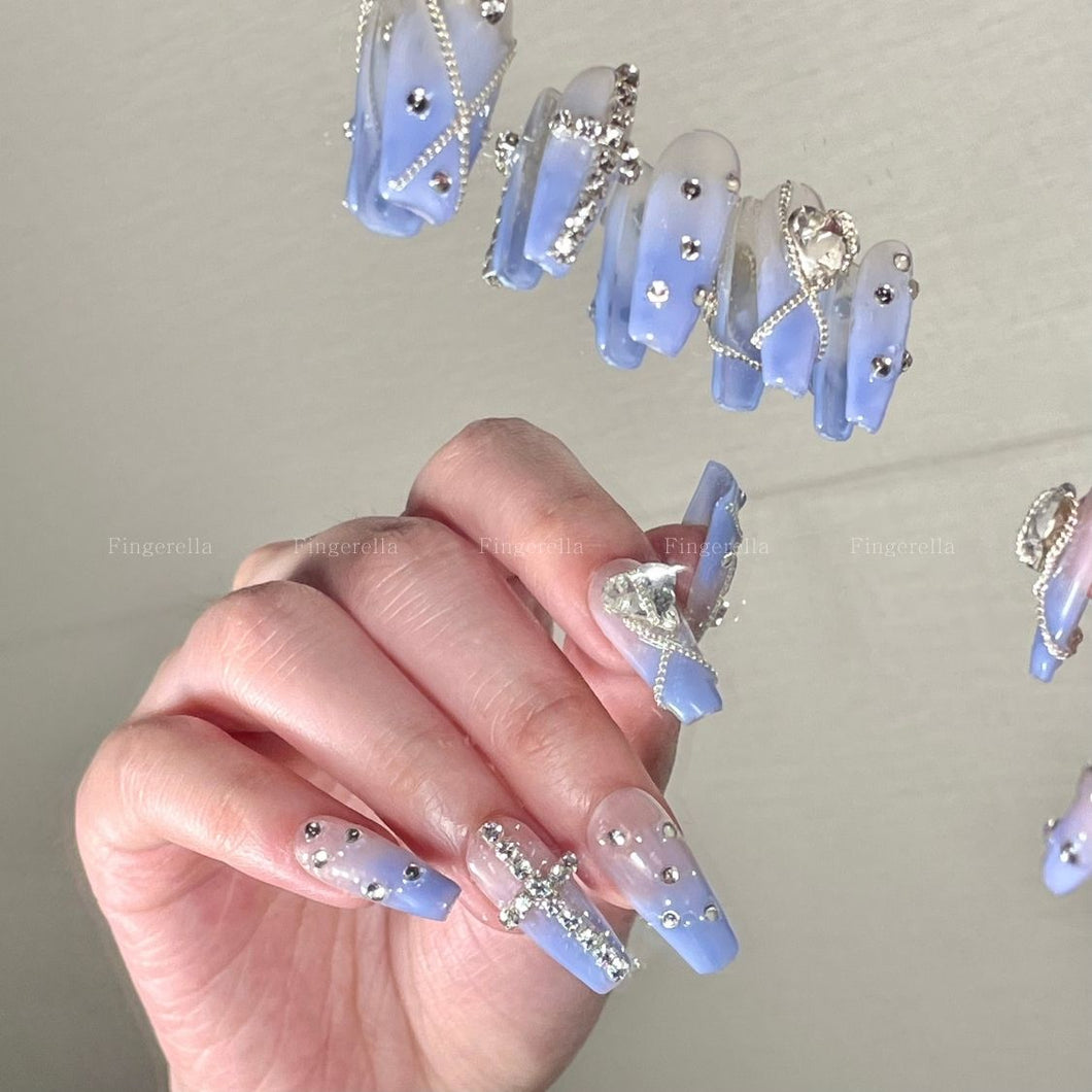 Blue gradient mermaid rhinestone chain gothic fairy fancy Nails| 10pc handmade Best Press-on Nails Award-Winning Glue-on Nails