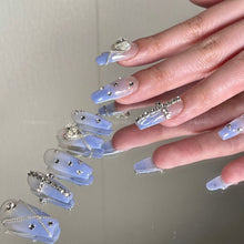 Load image into Gallery viewer, Blue gradient mermaid rhinestone chain gothic fairy fancy Nails| 10pc handmade Best Press-on Nails Award-Winning Glue-on Nails
