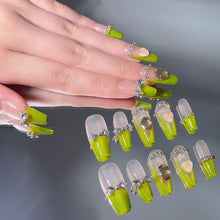 Load image into Gallery viewer, French Avacado Green Bow Crystal Rhinestone Nails| 10pc Handmade Best Press-on Nails Award-Winning Glue-on Nails
