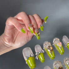 Load image into Gallery viewer, French Avacado Green Bow Crystal Rhinestone Nails| 10pc Handmade Best Press-on Nails Award-Winning Glue-on Nails
